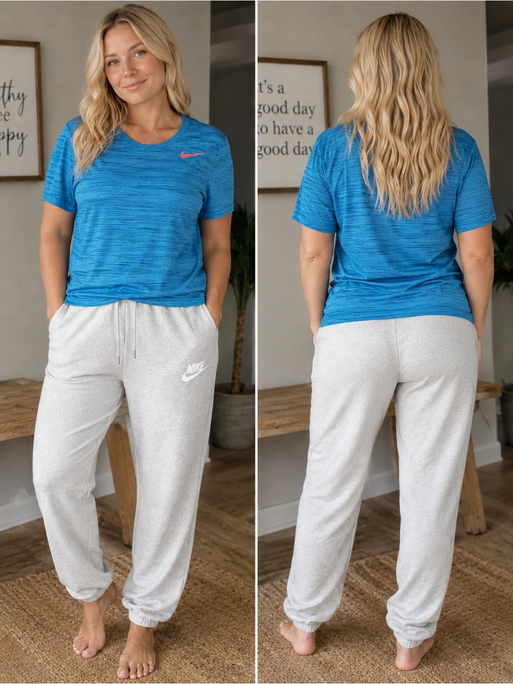 Nike women’s Xl Light Gray Sweat Joggers with blue shirt outfit